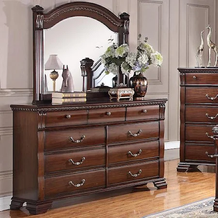 Traditional 9 Drawer Dresser and Beveled Edge Mirror